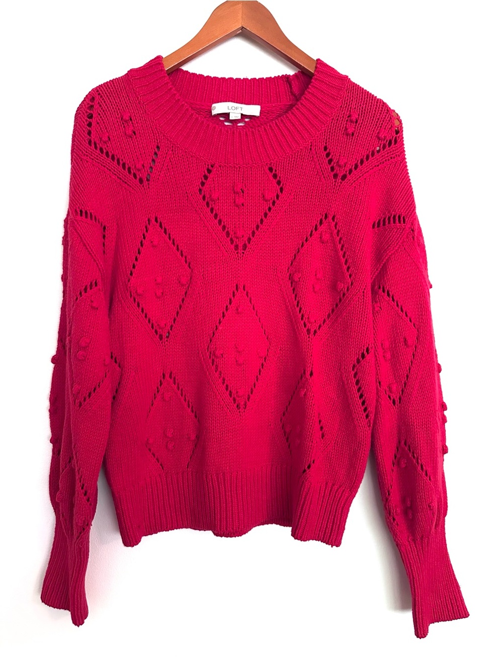 LOFT Red Women’s Diamond Knit Cozy Sweater Size Large - Picture 2 of 8
